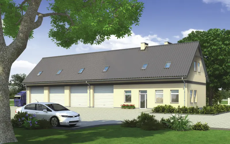 Projekt domu Budynek garażowo-magazynowy z częścią biurową i poddaszem gospodarczym GM06 — wizualizacja