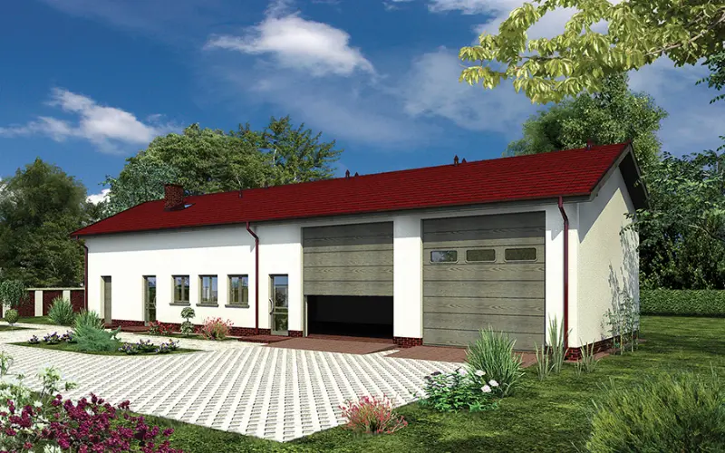 Projekt domu Budynek garażowo-magazynowy z częścią mieszkalną i pom. pomocniczymi GMC50a — wizualizacja