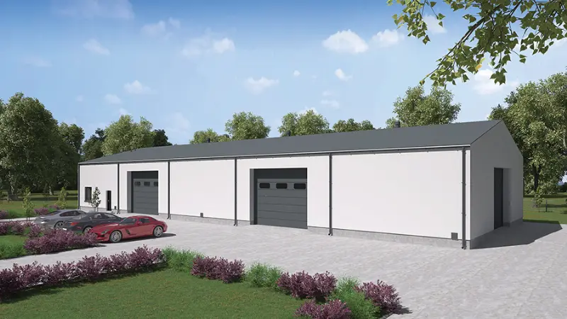 Projekt domu Budynek garażowo-magazynowy z częścią socjalno-biurową GMC05b — wizualizacja