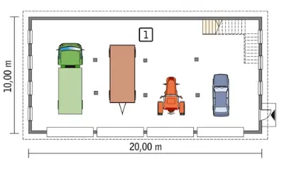 Budynek garażowo-magazynowy z poddaszem GMC01c — rzuty kondygnacji 1 (odbicie lustrzane)