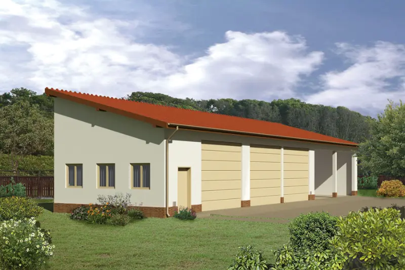 Projekt domu Budynek garażowo-magazynowy z wiatą garażowo-magazynową GMC02a — wizualizacja