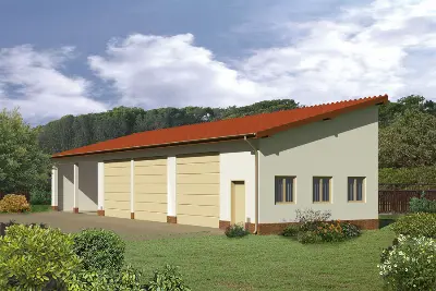 Budynek garażowo-magazynowy z wiatą garażowo-magazynową GMC02a — wizualizacje 1 (odbicie lustrzane)
