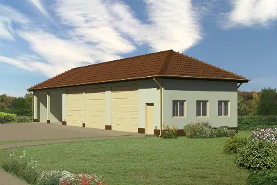 Budynek garażowo-magazynowy z wiatą garażowo-magazynową GMC02b — wizualizacje 1 (odbicie lustrzane)
