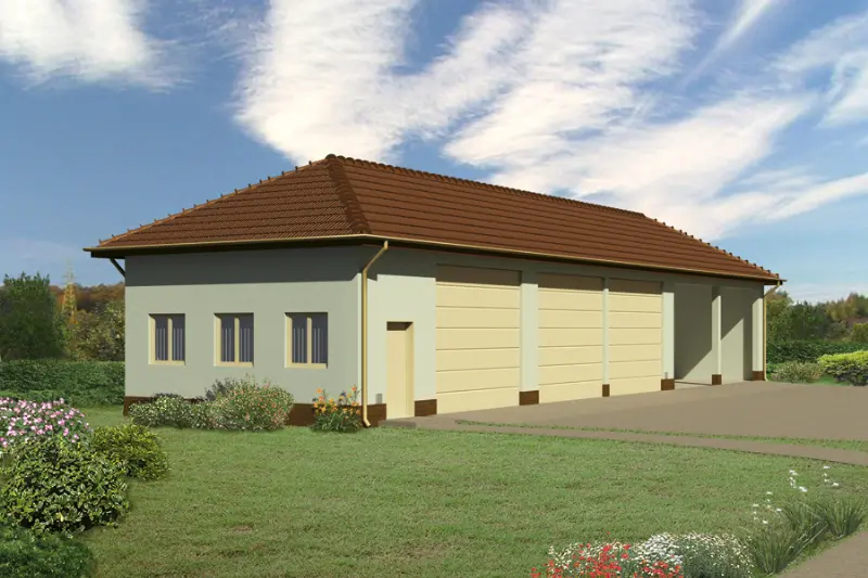 Projekt domu Budynek garażowo-magazynowy z wiatą garażowo-magazynową GMC02b — wizualizacja