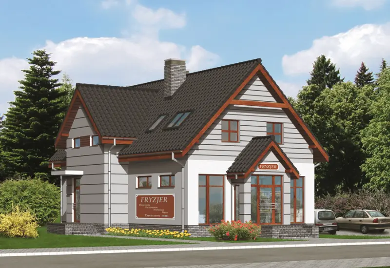 Projekt domu Budynek usługowy z częścią mieszkalną (podpiwniczony) U09 — wizualizacja