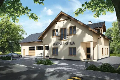 Budynek usługowy z częścią mieszkalną UC28a — wizualizacje 1 (odbicie lustrzane)