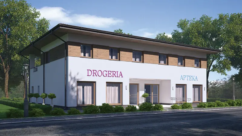 Projekt domu Budynek usługowy z częścią mieszkalną UC51 — wizualizacja
