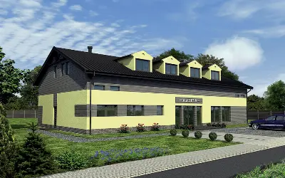 Budynek usługowy z częścią mieszkalną UC52 — wizualizacje 1 (odbicie lustrzane)