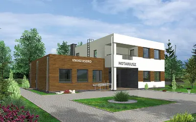 Budynek usługowy z częścią mieszkalną UC66 — wizualizacje 1 (odbicie lustrzane)