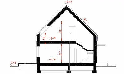 Dom z klimatem (z wentylacją mechaniczną i rekuperacją) — przekroje 1 (odbicie lustrzane)