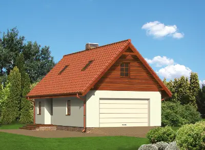 Garaż z częścią mieszkalną (letniskową) i pomieszczeniem gospodarczym G11a — wizualizacje 1 (odbicie lustrzane)