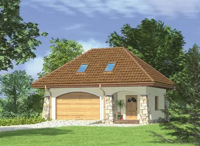 Garaż z poddaszem i pomieszczeniem gospodarczym G34a — wizualizacje 1 (odbicie lustrzane)