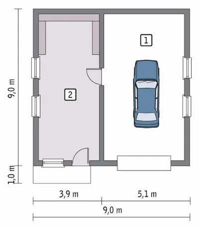 Garaż z pomieszczeniem gospodarczym GC93 — rzuty kondygnacji 1 (odbicie lustrzane)