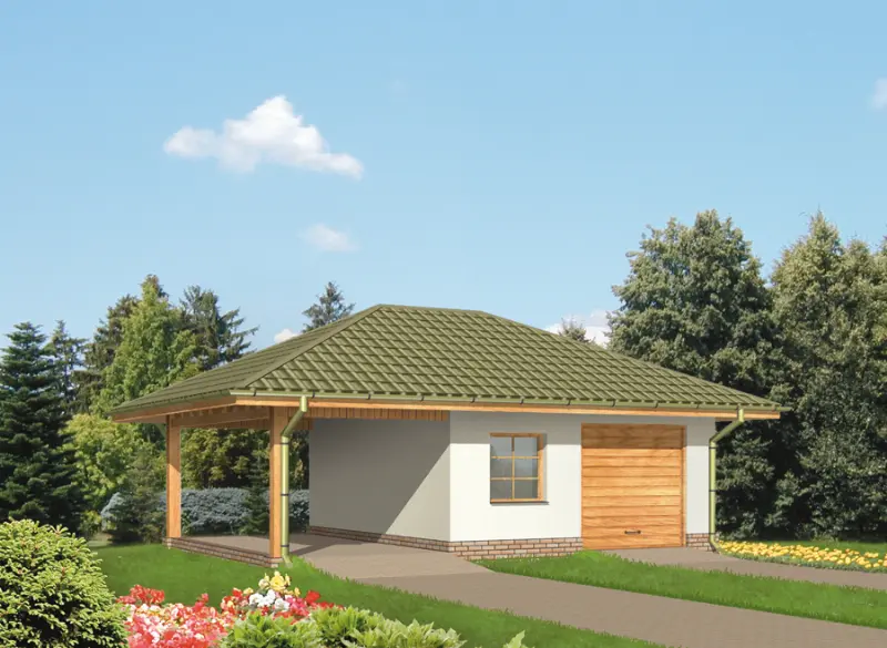 Projekt domu Garaż z pomieszczeniem gospodarczym i wiatą garażową G29a — wizualizacja