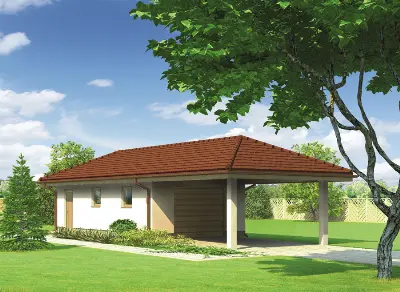 Garaż z pomieszczeniem gospodarczym i wiatą garażową G42b — wizualizacje 1 (odbicie lustrzane)