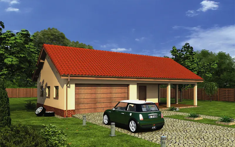 Projekt domu Garaż z pomieszczeniem gospodarczym, schowkiem i wiatą garażową GC37 — wizualizacja
