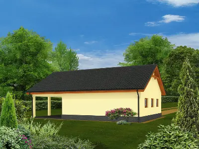 Garaż z pomieszczeniem gospodarczym, schowkiem i wiatą garażową GC37a — wizualizacje 1