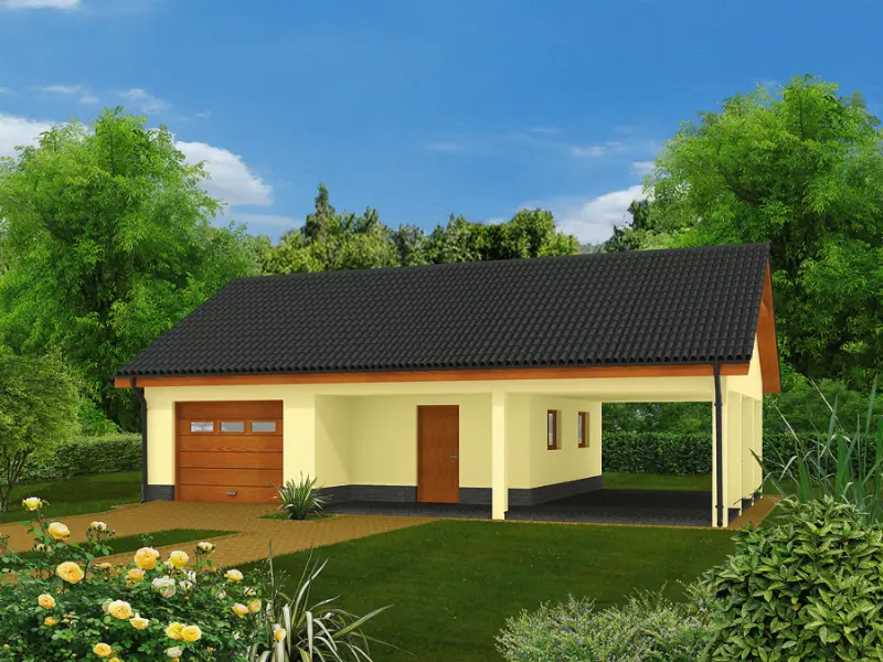 Projekt domu Garaż z pomieszczeniem gospodarczym, schowkiem i wiatą garażową GC37a — wizualizacja