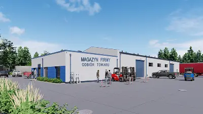 Magazyn (stalowy) z częścią socjalno-biurową (murowaną) PMC23St — wizualizacje 1 (odbicie lustrzane)