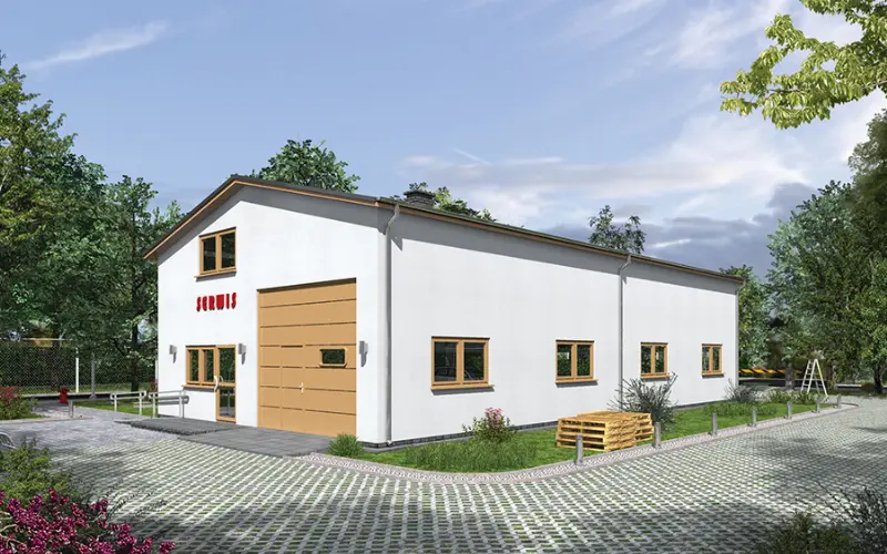 Projekt domu Magazyn (w konstrukcji stalowej) z częścią socjalno-biurową PMC21St — wizualizacja