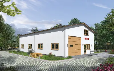 Magazyn (w konstrukcji stalowej) z częścią socjalno-biurową PMC21St — wizualizacje 1 (odbicie lustrzane)