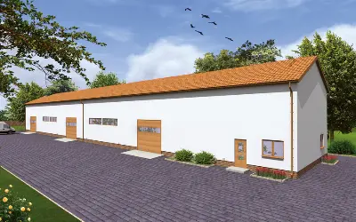 Magazyn z pomieszczeniami pomocniczymi PMC03 — wizualizacje 1 (odbicie lustrzane)