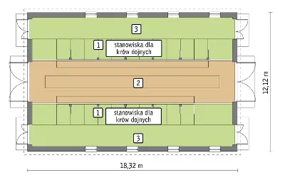 Obora dla 21 krów mlecznych, uwięziowa (stanowiskowa), na płytkiej ściółce O04  — rzuty kondygnacji 1