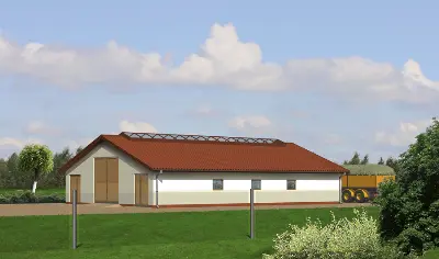 Obora dla 21 krów mlecznych, uwięziowa (stanowiskowa), na płytkiej ściółce O04  — wizualizacje 1