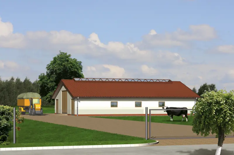 Projekt domu Obora dla 21 krów mlecznych, uwięziowa (stanowiskowa), na płytkiej ściółce O04  — wizualizacja