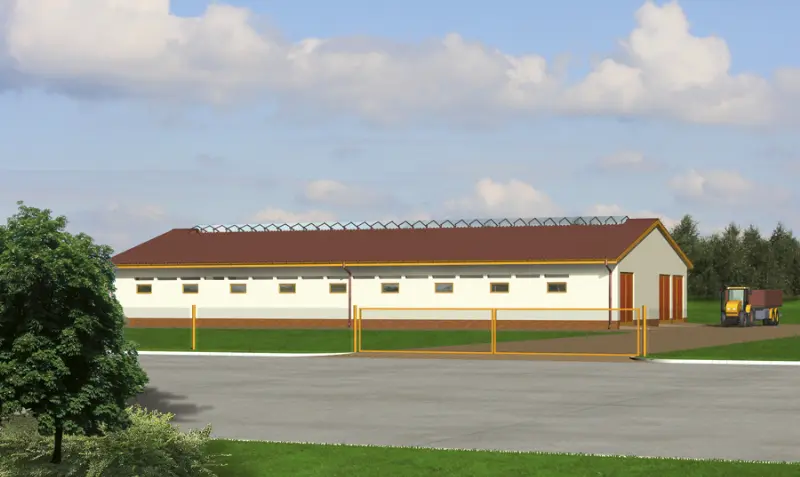 Projekt domu Obora dla 38 krów mlecznych, wolnostanowiskowa (grupowa), na głębokiej ściółce OC02 — wizualizacja