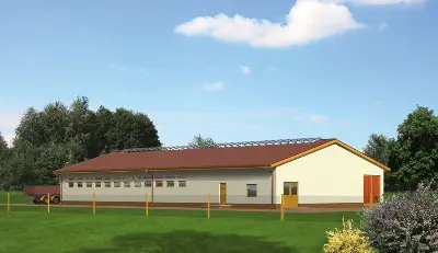 Obora dla 38 krów mlecznych, wolnostanowiskowa (grupowa), na głębokiej ściółce OC02 — wizualizacje 1