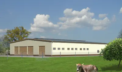 Obora dla 43 krów mlecznych, wolnostanowiskowa (boksowa), na płytkiej ściółce OC01 — wizualizacje 1