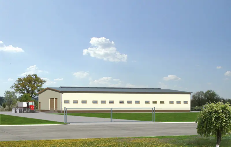 Projekt domu Obora dla 43 krów mlecznych, wolnostanowiskowa (boksowa), na płytkiej ściółce OC01 — wizualizacja