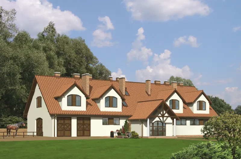 Projekt domu Stajnia dla 14 koni z częścią mieszkalną S16a — wizualizacja