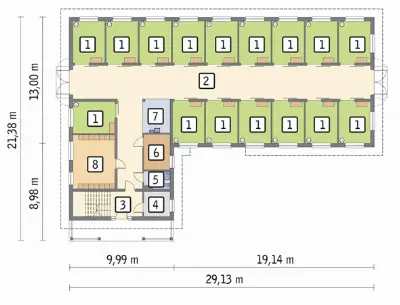 Stajnia dla 16 koni z częścią mieszkalną i składową SC07  — rzuty kondygnacji 1 (odbicie lustrzane)