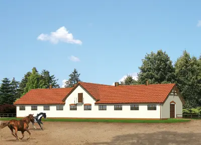 Stajnia dla 17 koni z częścią mieszkalną i poddaszem gospodarczym S10 — wizualizacje 2