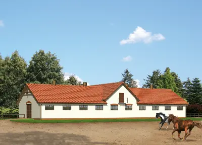 Stajnia dla 17 koni z częścią mieszkalną i poddaszem gospodarczym S10 — wizualizacje 3 (odbicie lustrzane)