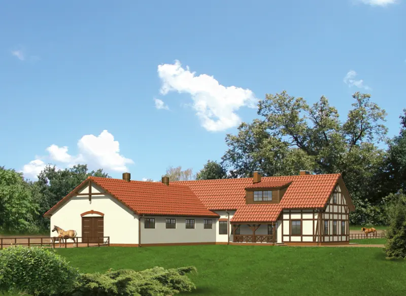 Projekt domu Stajnia dla 17 koni z częścią mieszkalną i poddaszem gospodarczym S10 — wizualizacja