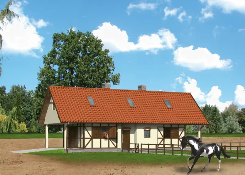 Projekt domu Stajnia dla 4 koni, z częścią mieszkalną S09 — wizualizacja