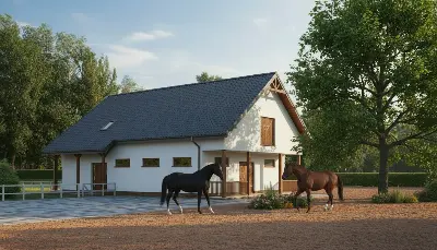 Stajnia dla 6 koni z częścią mieszkalną i składową SC04 — wizualizacje 1 (odbicie lustrzane)