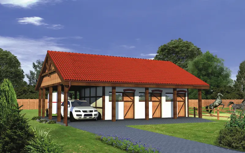 Projekt domu Stajnia dla 6 koni z wiatą garażową SC13  — wizualizacja