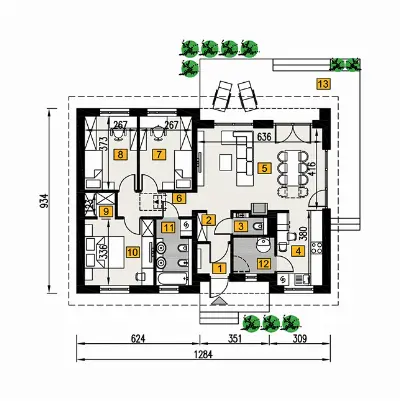 Umiarkowany - wariant I — rzuty kondygnacji 1 (odbicie lustrzane)