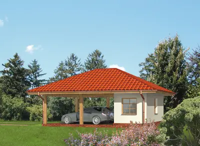 Wiata garażowa z pomieszczeniem gospodarczym G29 — wizualizacje 2 (odbicie lustrzane)