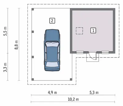 Wiata garażowa z pomieszczeniem gospodarczym GC36 — rzuty kondygnacji 1 (odbicie lustrzane)